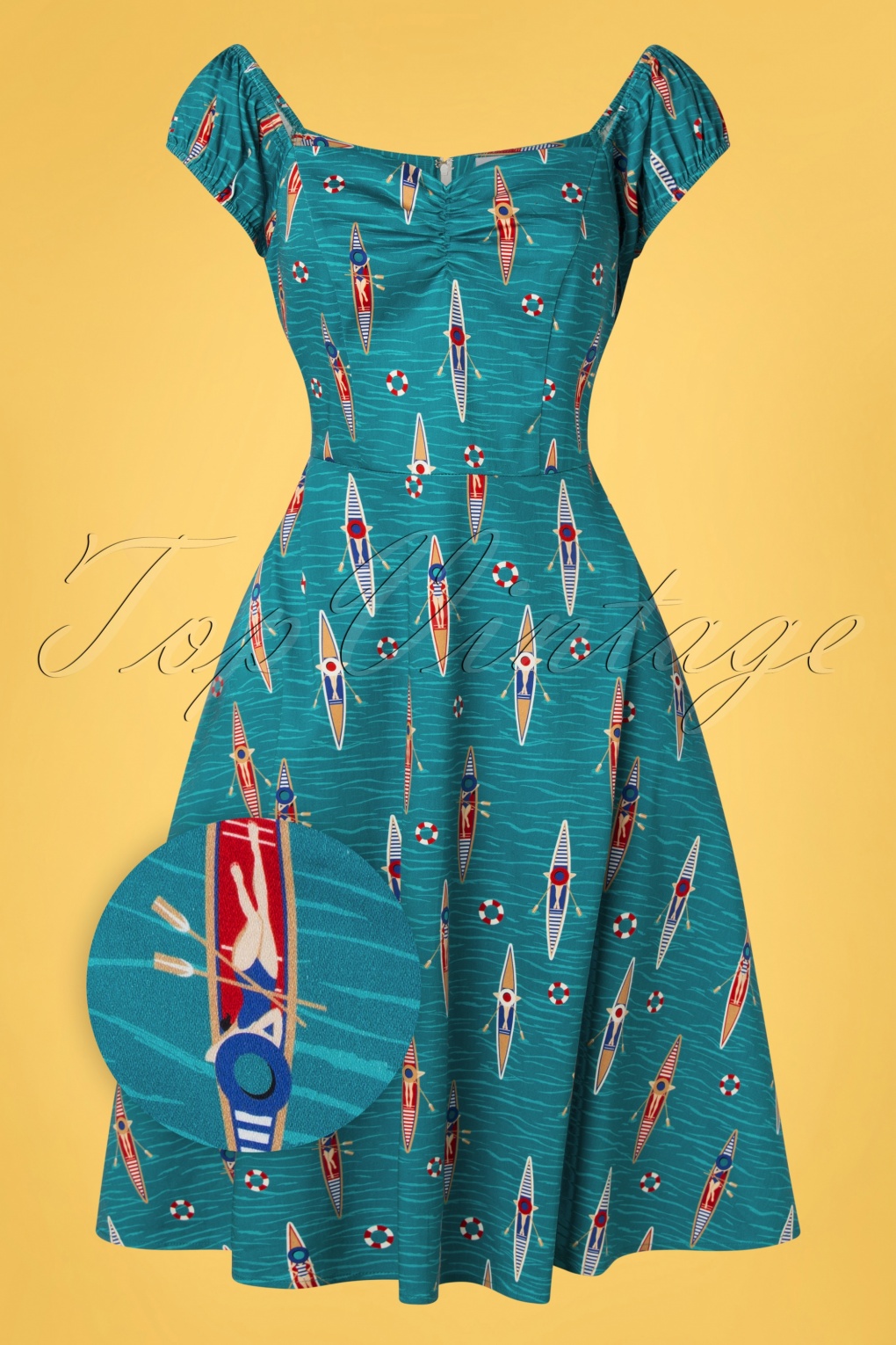 50s Regatta Girl Off Shoulder Swing Dress in Blue