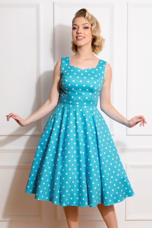 Hearts & Roses - 50s Ruth Polkadot Swing Dress in Blue 2