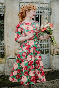 Topvintage Boutique Collection - Exclusief bij Topvintage ~ Adriana Floral Swing Jurk met lange mouwen in groen