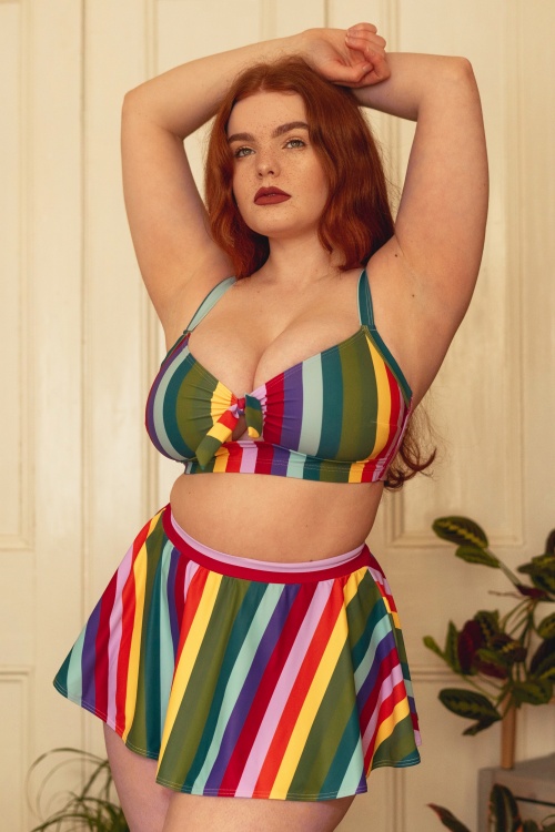 Collectif Clothing - 50s Rainbow Stripes High Waist Swimskirt in Multi 3