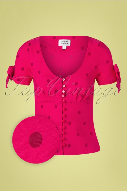 Unique Vintage - 50s Noreen Polkadot Top in Hot Pink 2