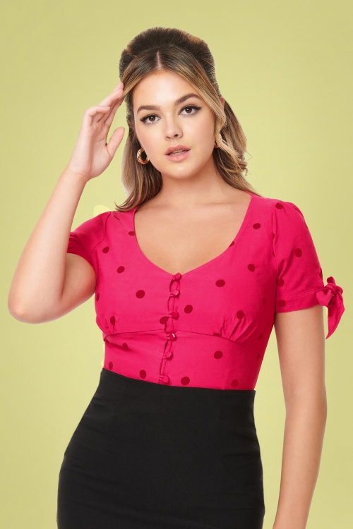 Unique Vintage - 50s Noreen Polkadot Top in Hot Pink