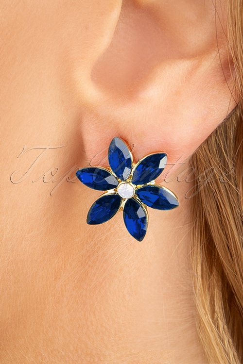 Topvintage Boutique Collection - Puces d'oreille Flower Années 50 en Bleu Roi
