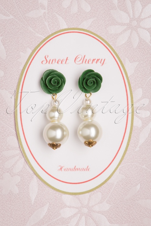 Sweet Cherry - Tripple Pearl Earrings Années 50 en Vert Vintage