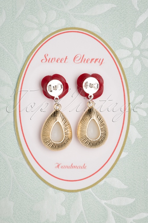 Sweet Cherry - Rose and Pearl Drop Earrings Années 50 en Ivoire 4