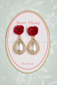 Sweet Cherry - 50s Rose and Pearl Drop Earrings in Ivory 2