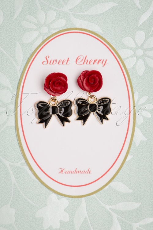 Sweet Cherry - Black Bowtie Rose Earrings Années 50