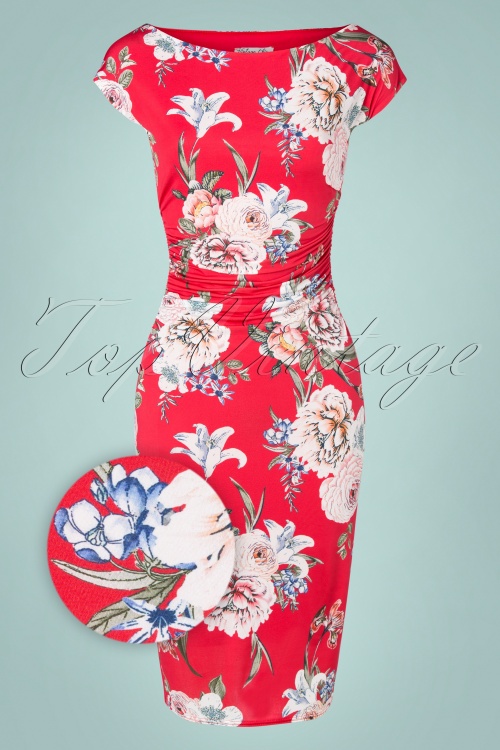 Vintage Chic for Topvintage - Farah Floral Pencil Dress Années 50 en Rouge Pâle