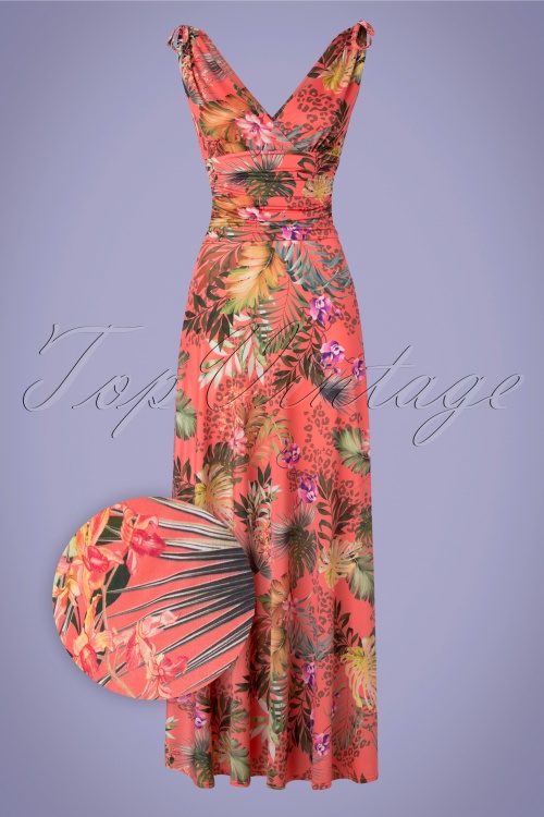 Vintage Chic for Topvintage - Grecian Tropical Maxi Dress Années 50 en Corail