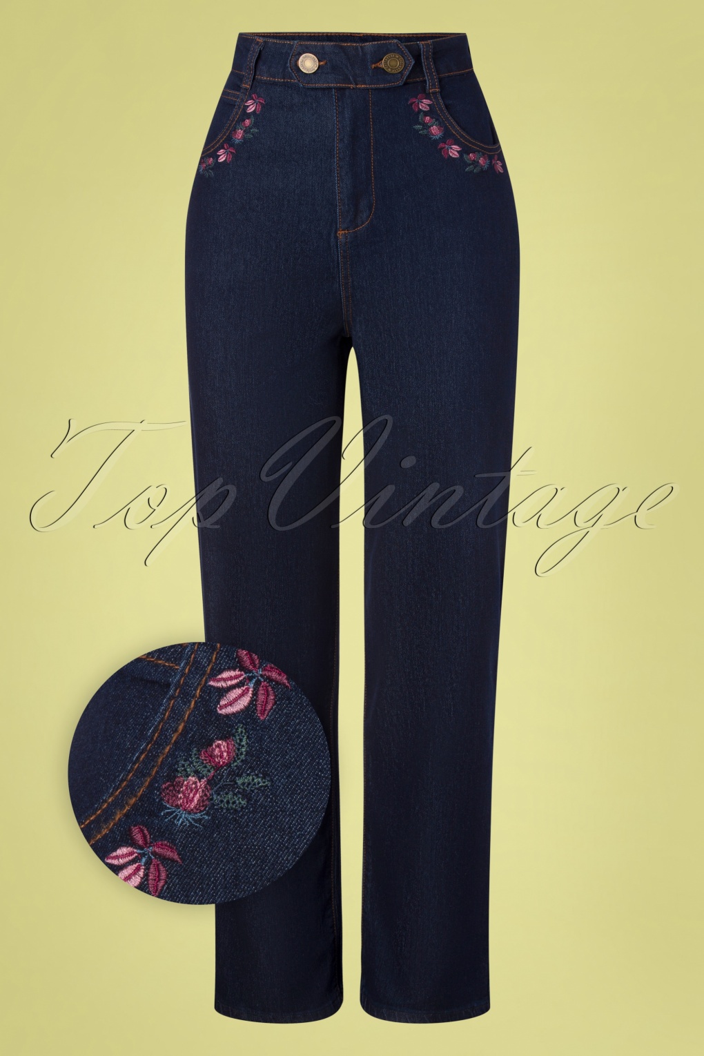 Collectif Clothing | 70s Maggie Floral Jeans in Denim Blue