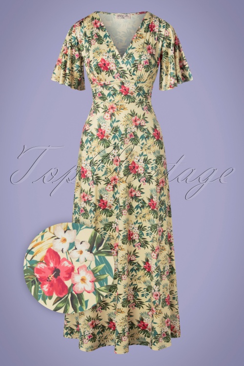 Vintage Chic for Topvintage - 50s Helene Hibiscus Cross Over Maxi Dress in Soft Yellow