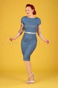 Vintage Chic for Topvintage - Hannah hearts pencil jurk in blauw en wit