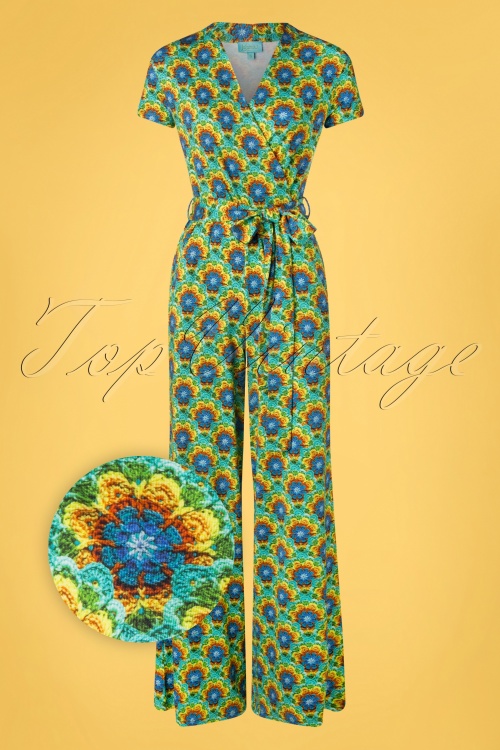LaLamour - 70s Whitney Crochet Wrap Jumpsuit in Turquoise