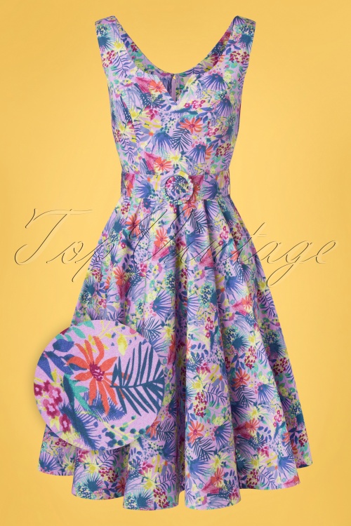 Timeless - 50s Darla Tropical Floral Swing Dress in Purple 2