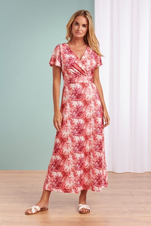 Smashed Lemon - 70s Frenny Palm Maxi Dress in White and Pink