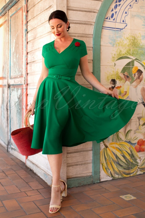 Vintage Diva  - The Anne-Lee Swing Dress en Vert Émeraude