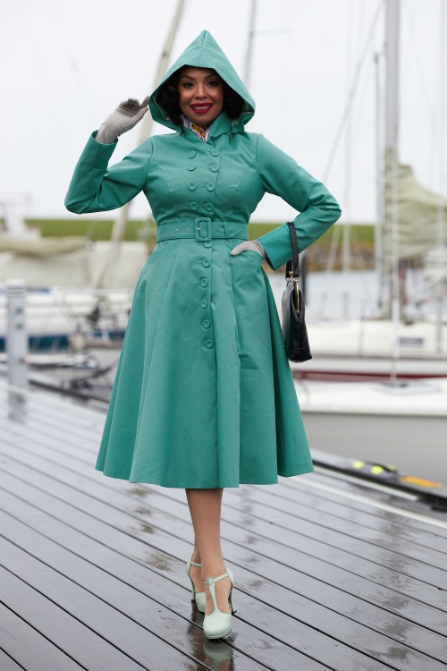 Miss Candyfloss - 50s Luelle Kat Swing Trenchcoat in Teal 3