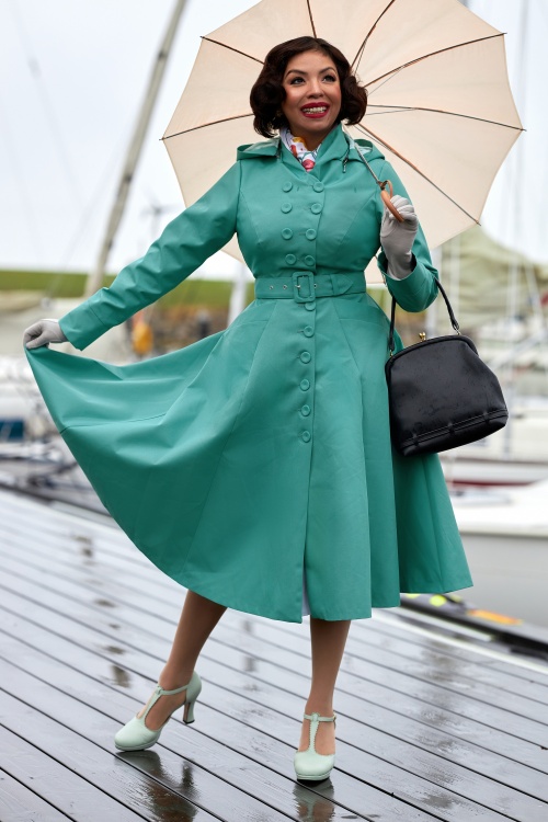 Miss Candyfloss - 50s Luelle Kat Swing Trenchcoat in Teal