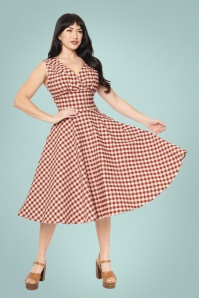 Unique Vintage - 50s Delores Gingham Swing Dress in Rust and White 2