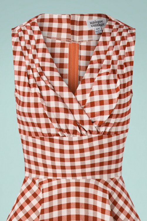 Unique Vintage - 50s Delores Gingham Swing Dress in Rust and White 6