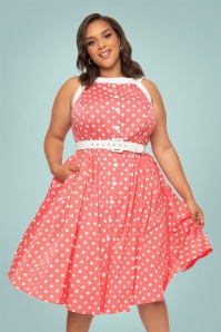 Unique Vintage - 50s Maxine Polkadot Swing Dress in Coral Pink 2