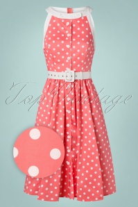 Unique Vintage - 50s Maxine Polkadot Swing Dress in Coral Pink