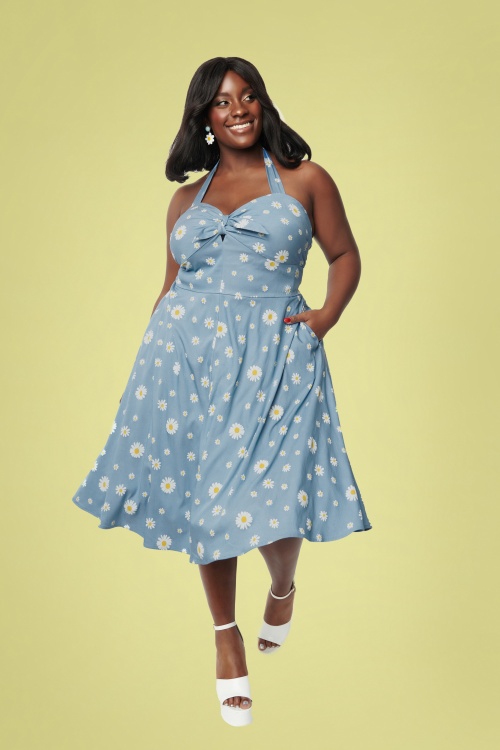 Unique Vintage - 50s Daisy Halter Swing Dress in Blue and White 2