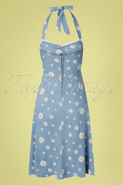 Unique Vintage - 50s Daisy Halter Swing Dress in Blue and White 5