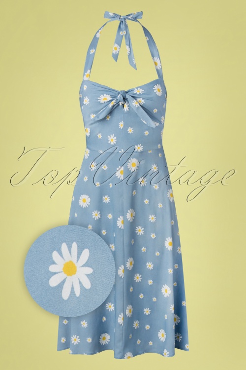 Unique Vintage - 50s Daisy Halter Swing Dress in Blue and White