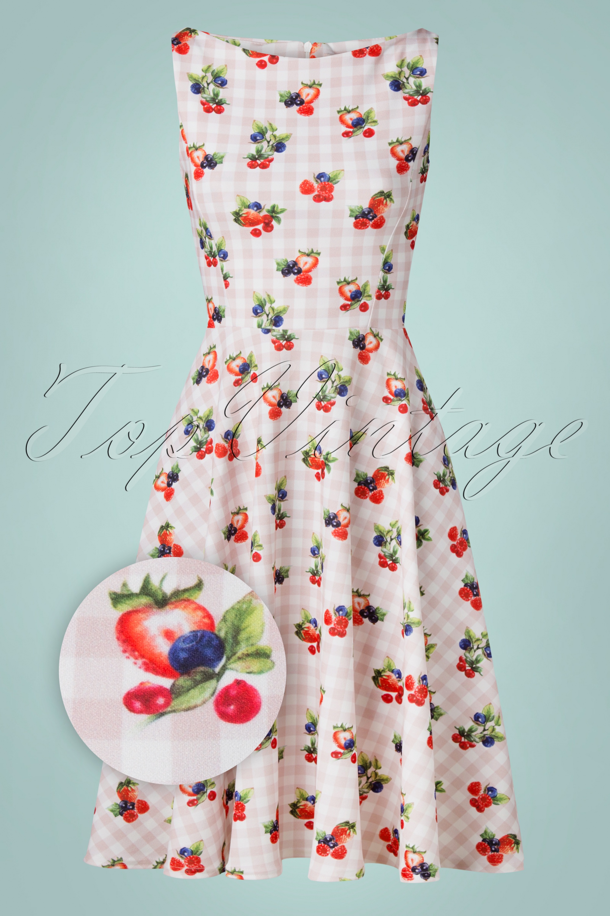 Vintage Chic for Topvintage - Frederique Gingham Fruits swingjurk in roze