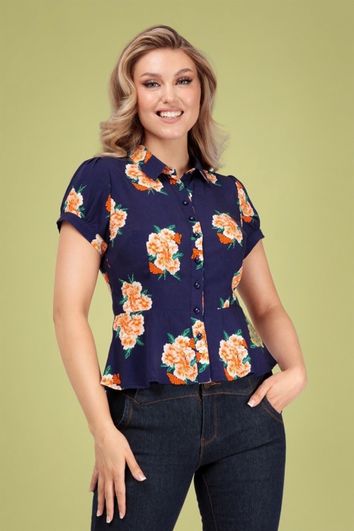 Collectif Clothing - 40s Mary Grace Floral Blouse in Navy 2