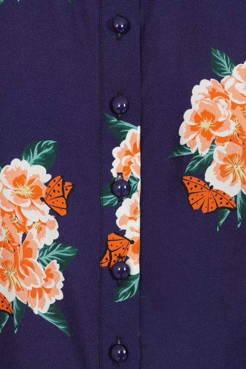 Collectif Clothing - Mary Grace Floral Blouse Années 40 en Bleu Marine 3
