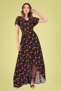 Collectif Clothing - 60s Sunny Ditsy Tulip Bloom Maxi Dress in Black