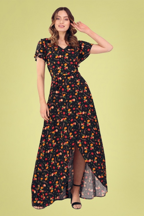 Collectif Clothing - 60s Sunny Ditsy Tulip Bloom Maxi Dress in Black