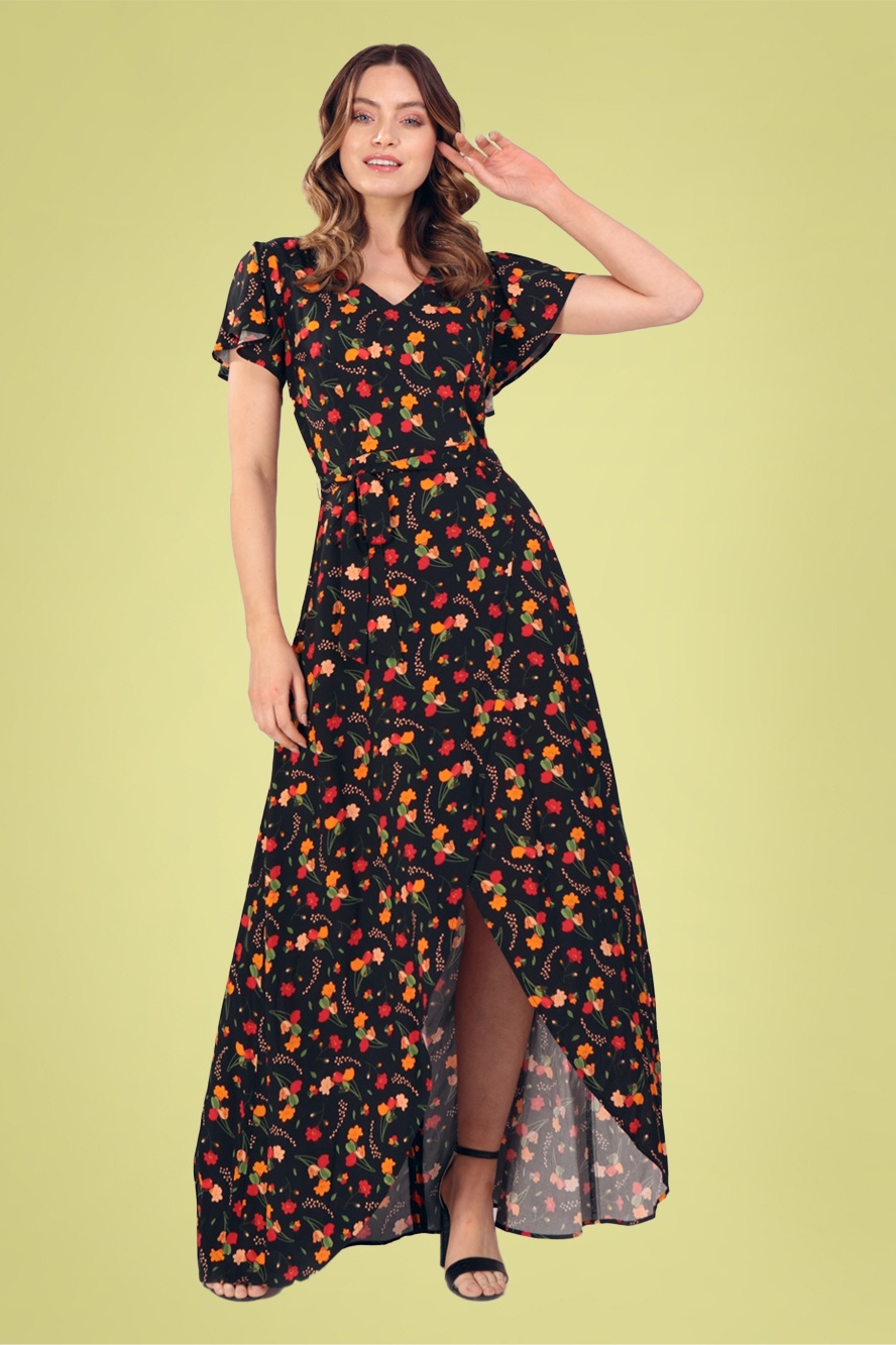 Collectif Clothing - Sunny Ditsy Tulip Bloom maxi jurk in zwart