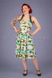 Banned Retro - 50s Tropical Palms Halter Swing Dress in Green