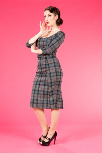 50s Betsy grey-petrol Tartan 3/4 sleeve pencil dress