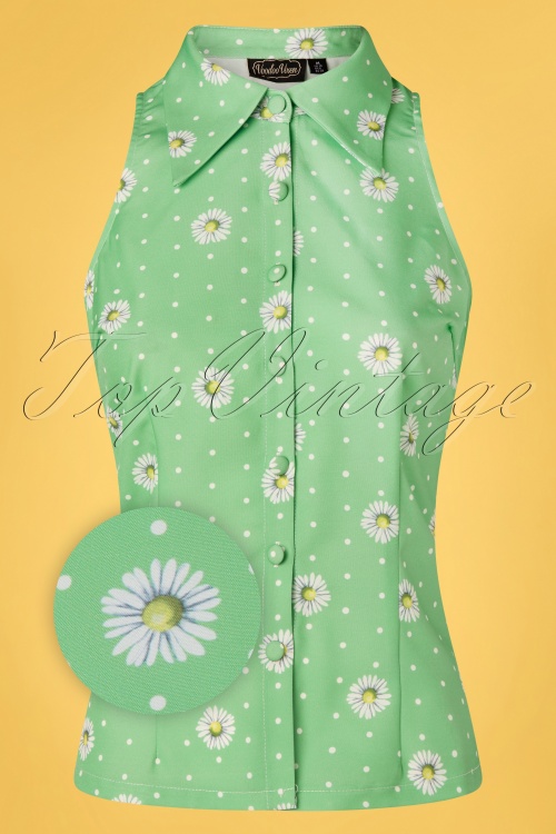 Vixen - 50s Daisy Polkadot Sleeveless Blouse in Green
