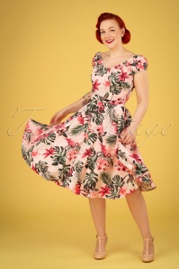 Vixen - 50s Tropical Flamingo Off Shoulder Swing Dress in Light Pink