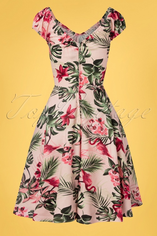 Vixen - Tropische flamingo off-shoulder swing jurk in lichtroze 4