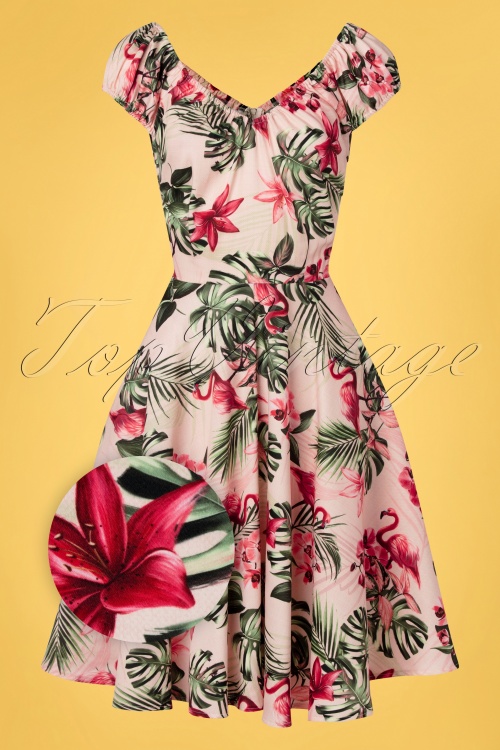 Vixen - Tropische flamingo off-shoulder swing jurk in lichtroze 2