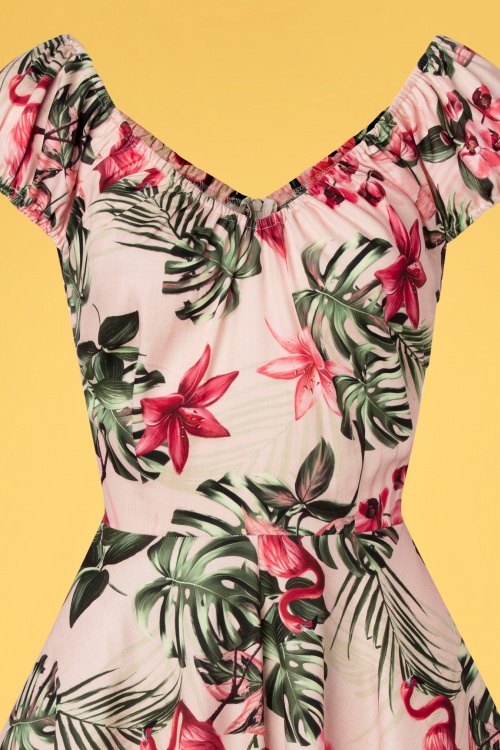 Vixen - Tropische flamingo off-shoulder swing jurk in lichtroze 3