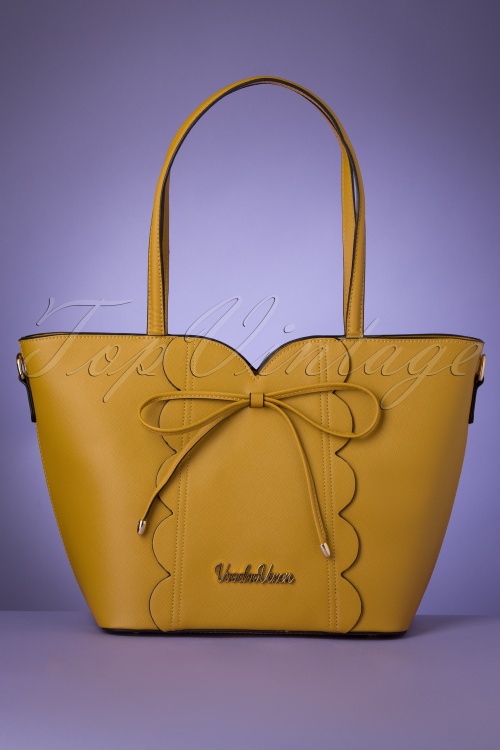 Vixen - 50s Bow Front Scalloped Shopper Bag in Mustard