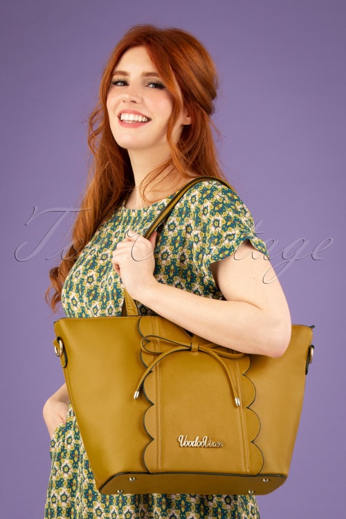 Vixen - 50s Bow Front Scalloped Shopper Bag in Mustard 2