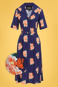 Collectif Clothing - Alberta Spring Floral Dress Années 40 en Bleu Marine 2