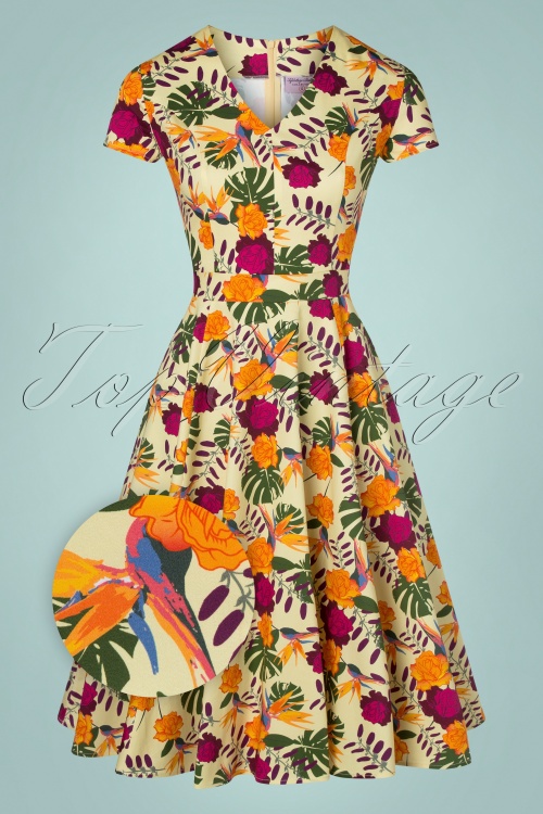 Topvintage Boutique Collection - Exklusiv bei TopVintage ~ Olivia Floral Kurzarm Swing Kleid in Gelb 3