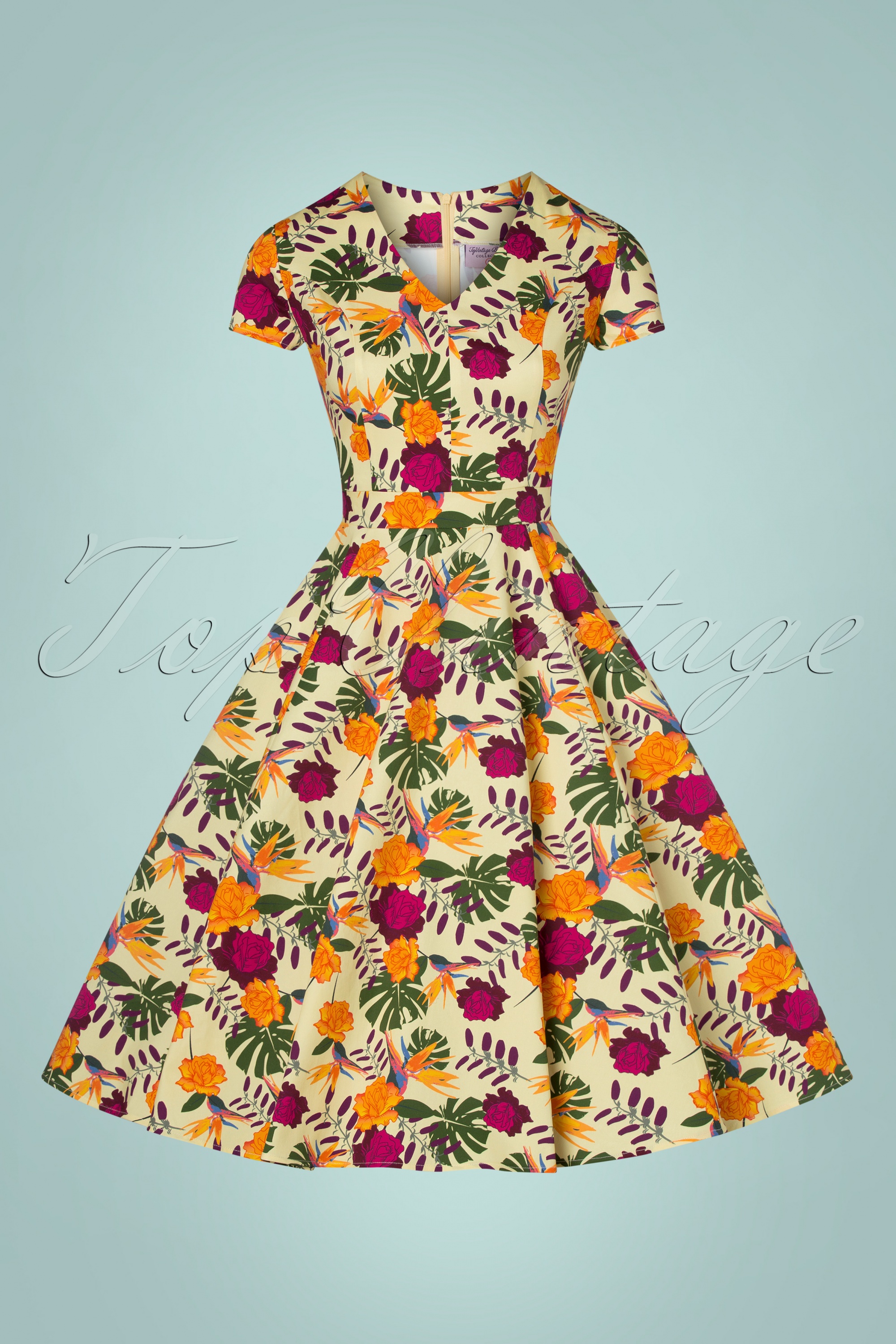 Topvintage Boutique Collection - Topvintage exclusive ~ Olivia swingjurk met korte mouwen en bloemen in geel 4