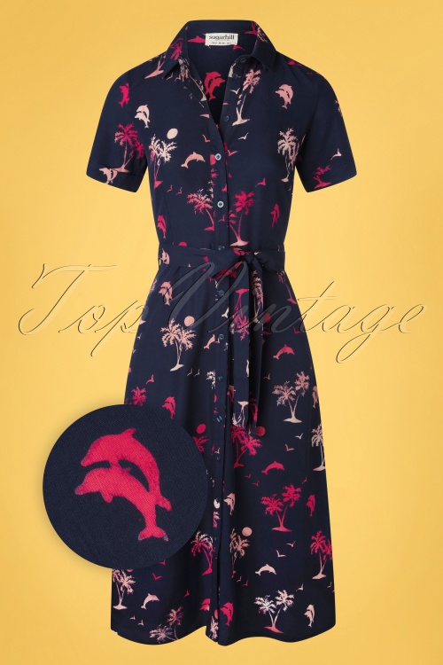 Sugarhill Brighton - 60s Lauretta Tropical Island Batik Shirt Dress in Navy