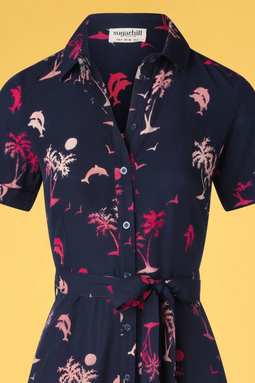 Sugarhill Brighton - 60s Lauretta Tropical Island Batik Shirt Dress in Navy 3