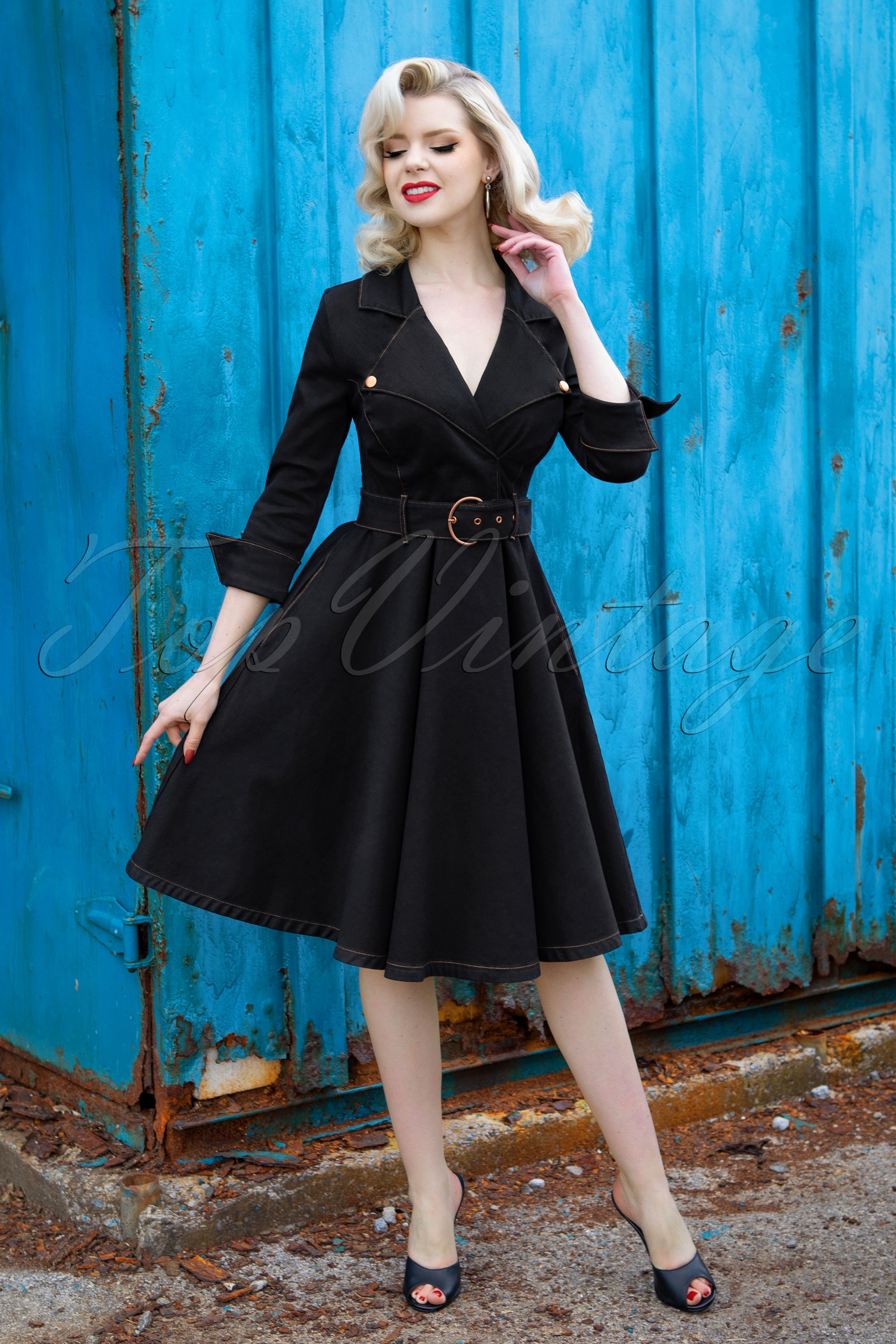 Rock-a-Booty 50s Vivacious Swing Dress in Black Denim | Shop at Topvintage